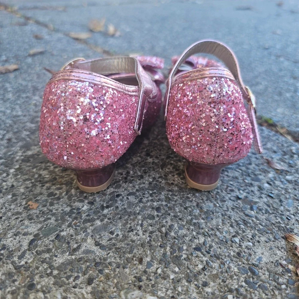 Pandanija Kids Girls Sparkly Pink Glitter Bow Mary‎ Jane Shoes Size 7
